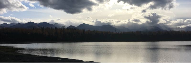 Moose Lake early morning with Alaska Mountains in the background